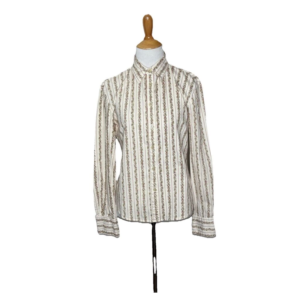 Vintage B Moss Western Floral Striped LS Collared Button Up Size Medium Womens